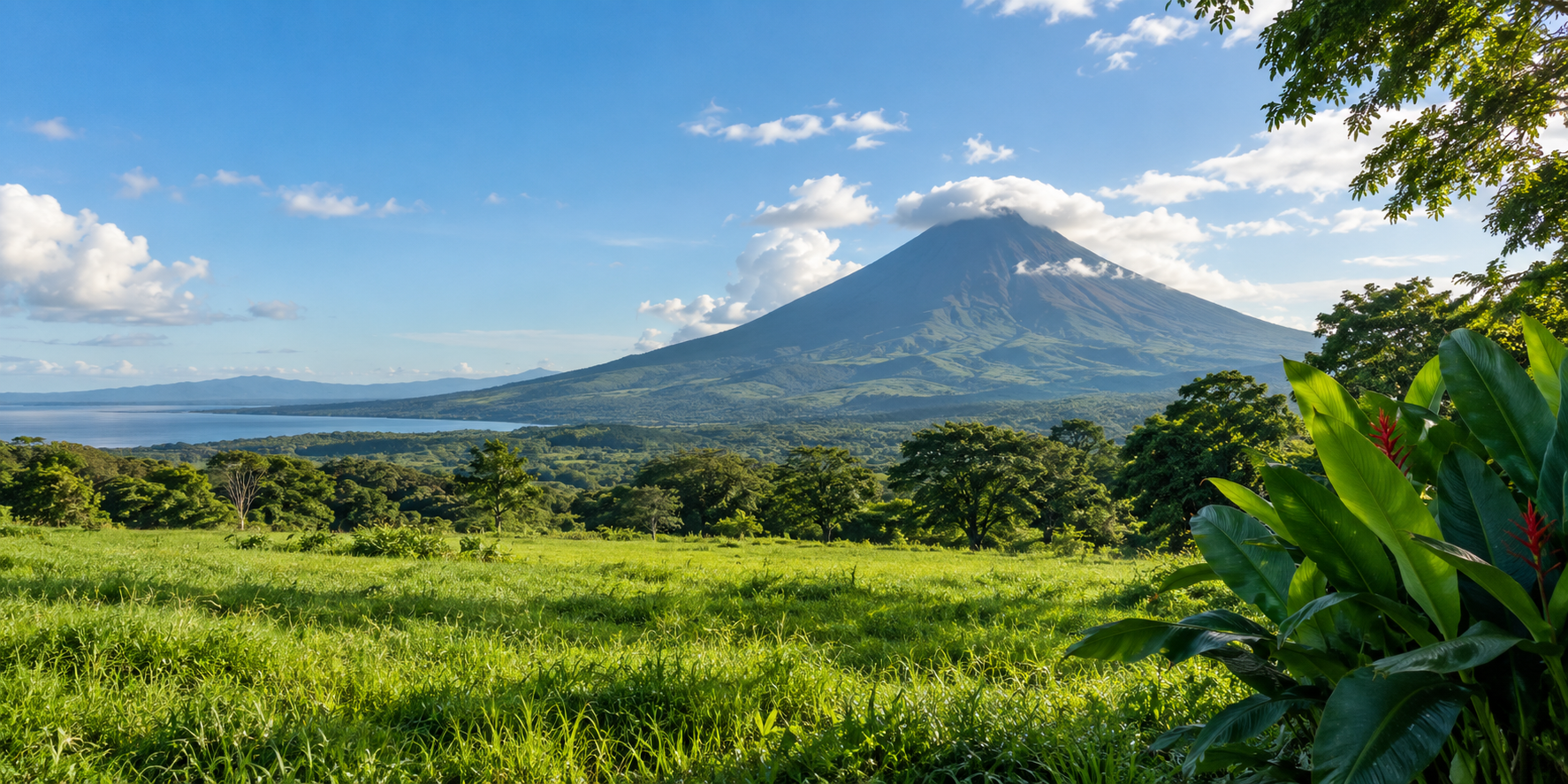 Paisaje volcánico y campos verdes de Nicaragua